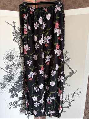 Black Floral wide leg pants with Pink & White Blossoms